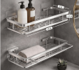 Shower Caddy Adhesive 2-Pack with Hooks and Rod for Towels, Black â€“ Premium Bathroom Shower Shelves, Shampoo Organizer, Bathtub Shelf, Rustproof