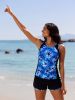 2026 New Blue & White Tie-Dye Two-Piece Swimsuit Women's Color Block Tank Top + Matching Trimmed Shorts for Beach Vacation, Casual & Slimming