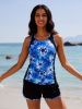 2026 New Blue & White Tie-Dye Two-Piece Swimsuit Women's Color Block Tank Top + Matching Trimmed Shorts for Beach Vacation, Casual & Slimming
