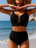 2026 New Black Textured Two-Piece Swimsuit Women's U-Shaped Metal Buckle Cutout Cami Top + High-Waisted Briefs for Beach Vacation, Sexy & Slimming