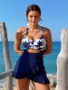 2026 New Palm Tree Print One-Piece Swimsuit Women's Navy & White Halter Cutout Ruffle Hem Swimdress for Beach Vacation, Slimming